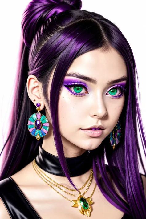 (anime), (illustration), cartoon, detailed, girl, ((solo)), long hair, ponytail, black hair, jewelry, earrings, makeup, k/da (league of legends), purple eyes, multicolored hair, symmetrical eyes, looking at viewer, multicolored hair, green twisted , perfect eyes, detailed face+eyes, simple background, parted lips, nail polish, high heels, full body portrait, (((sfw))) , full dressed,