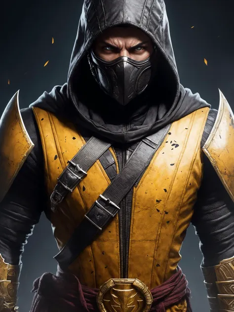 a portrait, scorpion from mortal kombat, detailed white eyes, bladk anc yellow armor, hood, veins on his arm, Intricate, High Detail, Sharp focus, dramatic, photorealistic painting art by greg rutkowski