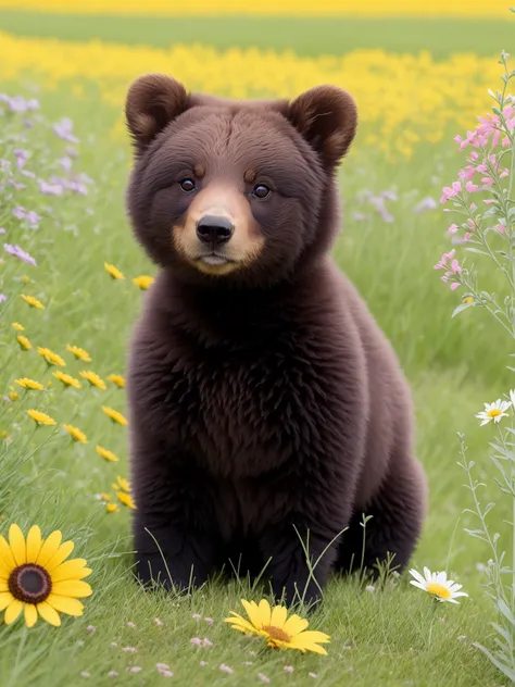 a drawing of a cute little baby bear surrounded by beautiful flowers in a meadow