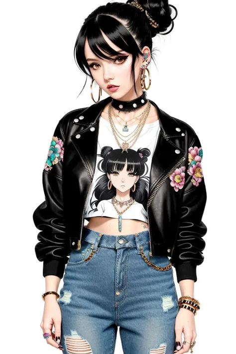 (anime), (illustration), cartoon, detailed, (masterpiece:1.2, best quality), girl, solo Clothing: high-waisted pants, crop top or graphic tee, denim or leather jacket, platform sneakers or ankle boots, Accessories layered necklaces, statement earrings, Hair loose waves or messy bun, Behavior confident, bold, unapologetic