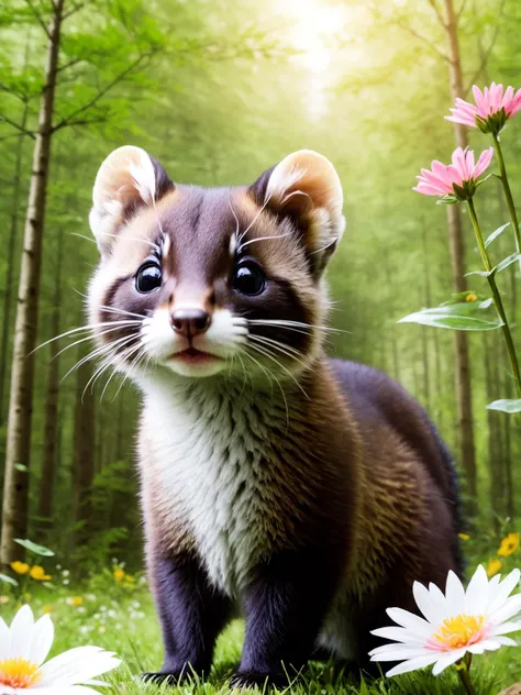 epic realistic photography, a drawing of a cute little baby (Marten) surrounded by beautiful flowers and trees in a forest clearing