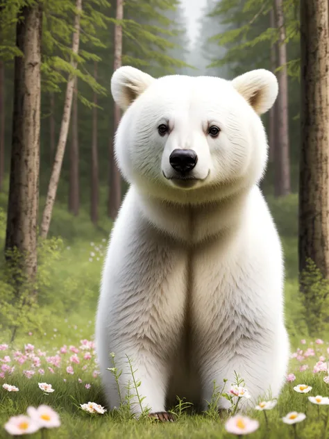 epic realistic photography, a drawing of a cute little baby (white-breasted bear) surrounded by beautiful flowers and trees in a forest clearing