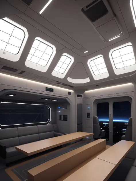 Interior scene, a clean and sleek spaceship common area, soft lighting, zen, cramped, industrious, windows into space with stars, cinematic, 8k, very detailed, very realistic