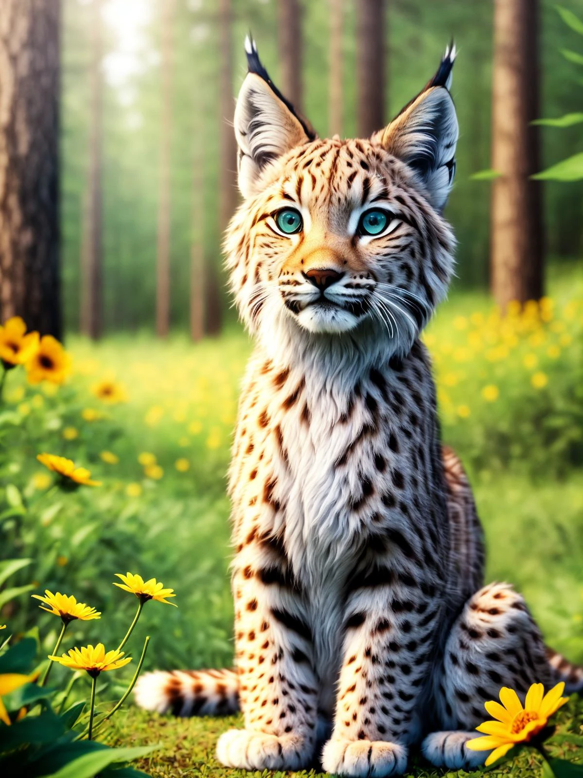 epic realistic photography, a drawing of a (lynx) surrounded by beautiful flowers and trees in a forest clearing