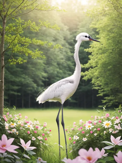 epic realistic photography, a drawing of a cute (little baby:1.2) (Crane) surrounded by beautiful flowers and trees in a forest clearing