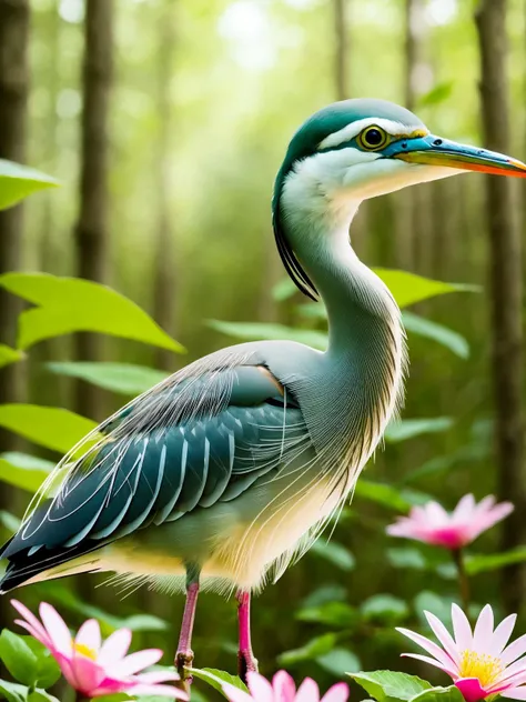 epic realistic photography, a drawing of a cute (little baby:1.2) (Heron) surrounded by beautiful  flowers and trees in a forest clearing