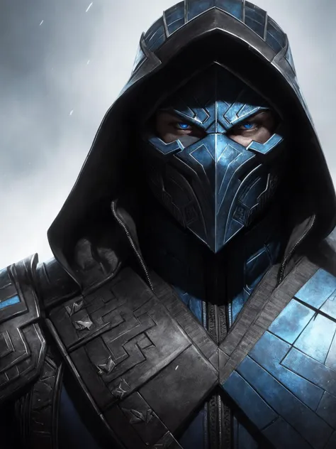 a portrait, ((subzero from mortal kombat)), detailed ice blue eyes, (black and blue armor), black hood, veins on his arm, Intricate, High Detail, Sharp focus, dramatic, photorealistic painting art by greg rutkowski