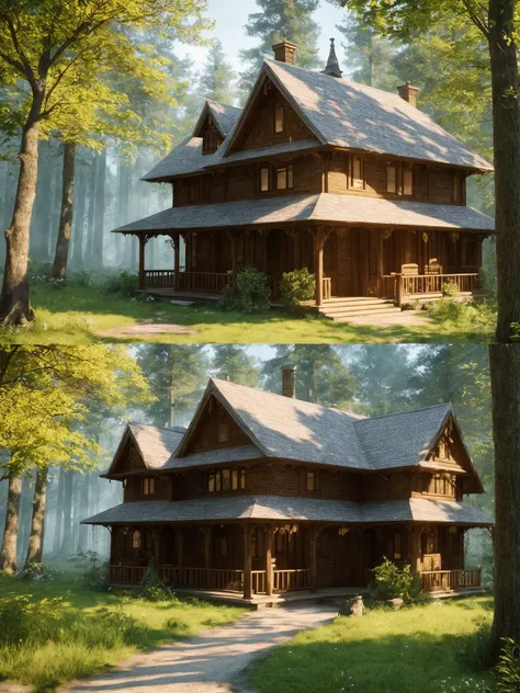 The magician's house in the forest, mystical, magical, hyperrealistic, sunny warm mood, photorealistic, ultra-detailed, intricate details, unreal engine, octane render, volumetric lighting