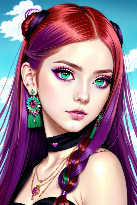 (anime), (illustration), cartoon, detailed, european girl, ((solo)), long hair, red hair, jewelry, earrings, makeup, purple eyes, looking at viewer, multicolored hair, green twisted , perfect eyes, detailed face+eyes, simple background, parted lips, nail polish, high heels, full body portrait, (((sfw))) , full dressed