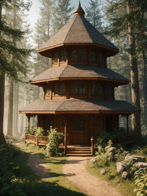 The magician's house in the forest, mystical, magical, hyperrealistic, sunny warm mood, photorealistic, ultra-detailed, intricate details, unreal engine, octane render, volumetric lighting