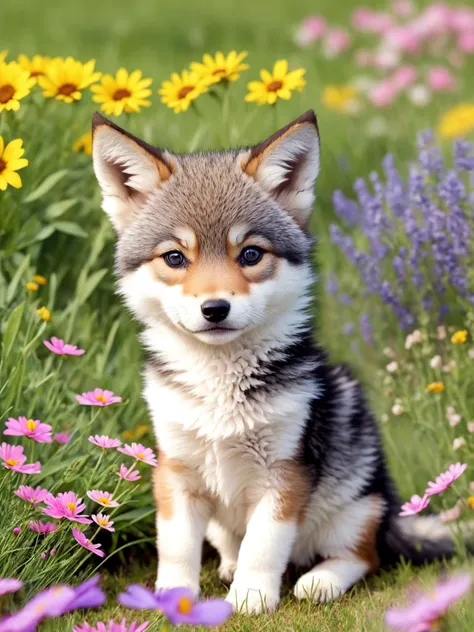 a drawing of a cute little baby wolf surrounded by beautiful flowers in a meadow