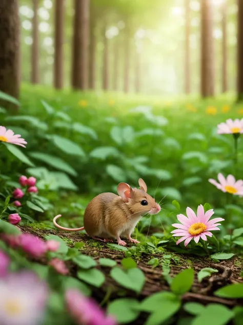 epic realistic photography, a drawing of a cute (little baby:1.2) (Mouse) surrounded by beautiful flowers and trees in a forest clearing