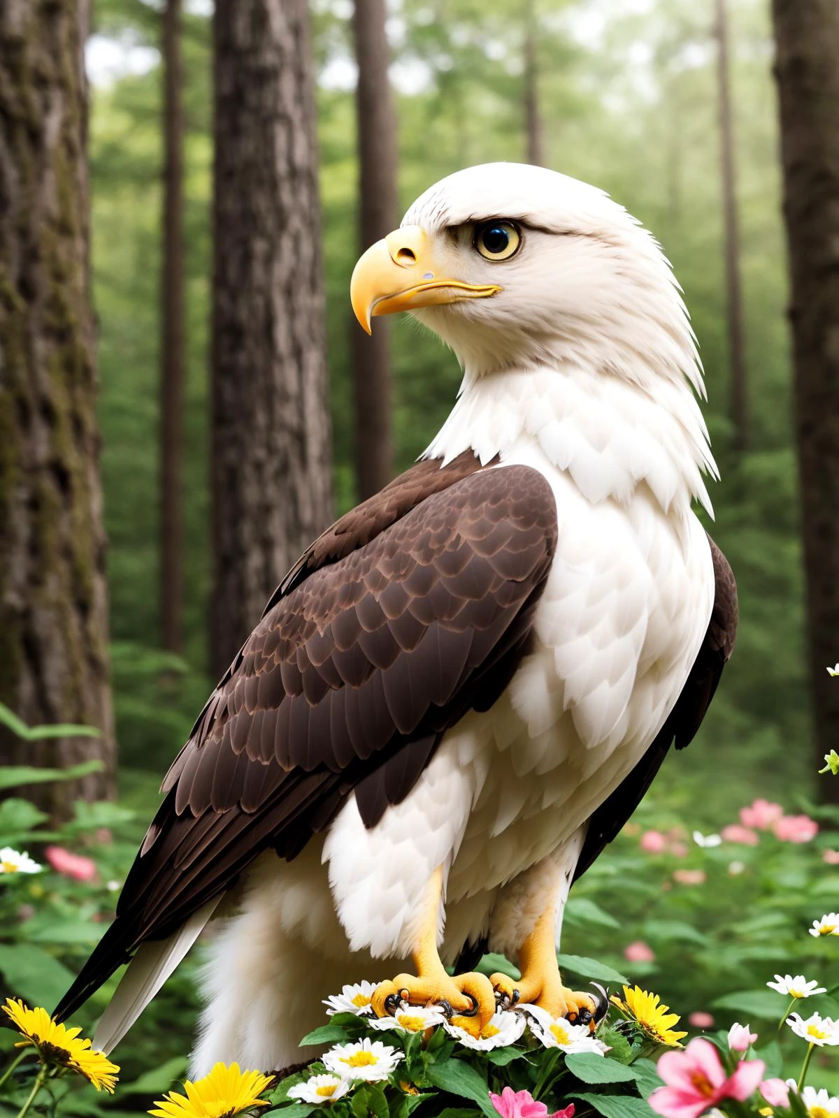 epic realistic photography, a drawing of a cute (:1.2) (Eagle) surrounded by beautiful flowers and trees in a forest clearing
