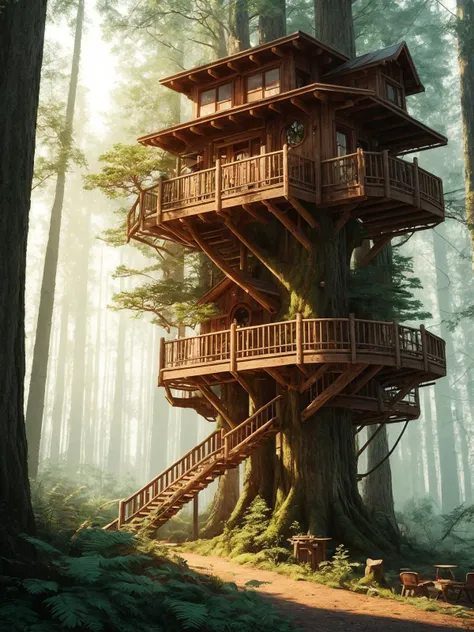 redshift style analog style a treehouse that is out of the world. Epic composition, beautiful, shot of the day, solarpunk 8k.