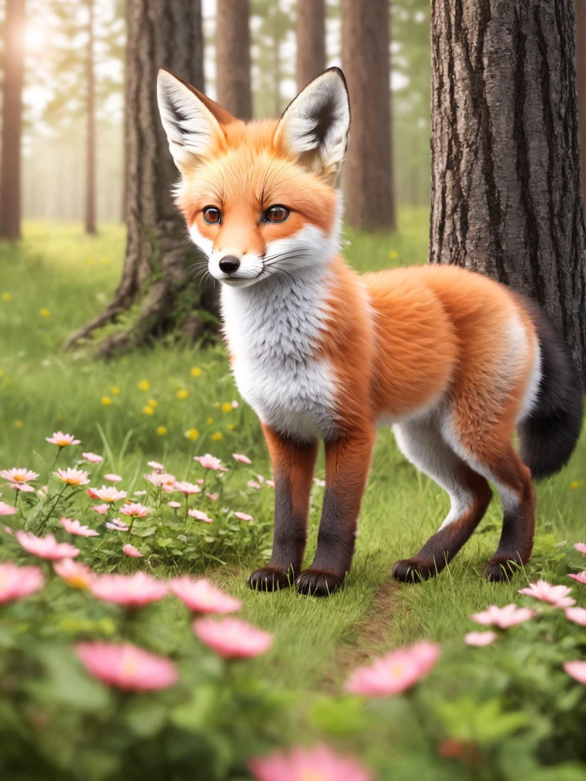 epic realistic photography, a drawing of a cute (fox) surrounded by beautiful flowers and trees in a forest clearing