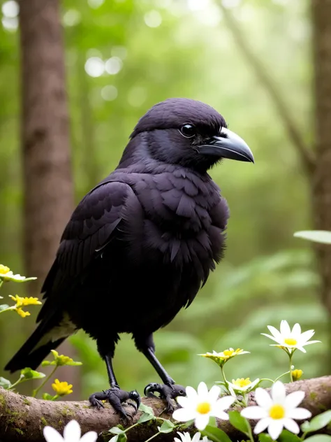 epic realistic photography, a drawing of a cute (little baby:1.2) (crow) surrounded by beautiful flowers and trees in a forest clearing