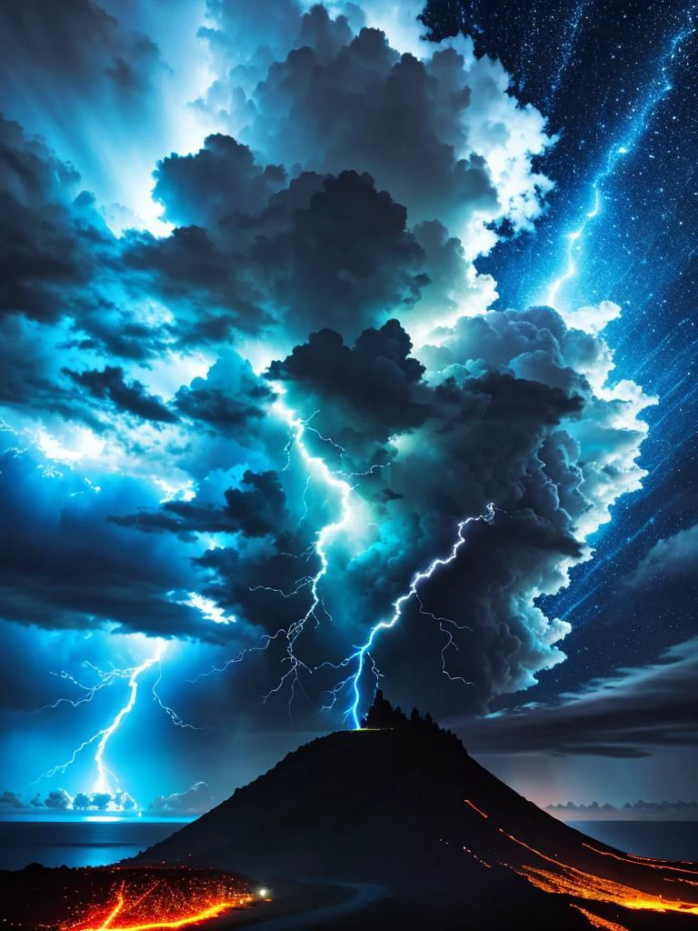 dramatic sky, blue lightning Style: masterpiece, best quality, 8k, sharp focus, realistic, ((Detailed)), ((Dynamic pose)), ((Good Highlights)), (Perfect Proportions), (dynamic), (intricate), (complimentary colors), good perspective, (Professional), (Award winning)
ADDCOMM
volcanic island background
Red flame, soft particles, explosion
BREAK
green flame, soft particles, explosion
BREAK
blue flame, soft particles, explosion
volcanic island background