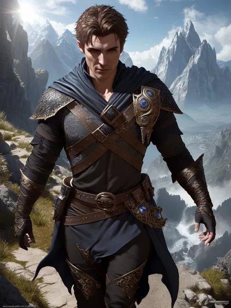 8k, ultra quality, hyperrealistic, photo, fantasy,
man, thief costume, full body
detailed skin, detailed face, brassiere, closed chest, cloth, bright, sunlight, outdoor mountains, darkness lighting, dnd