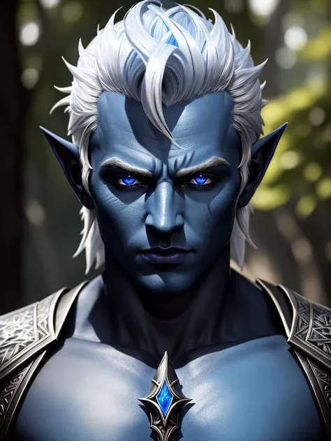 8k, ultra quality, hyperrealistic, photo, fantasy, dark elf man, blue skin, detailed, detailed skin, detailed face, daylight, bright, sunlight, outdoor, dnd