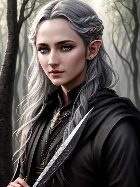 8k, ultra quality, hyperrealistic, photo, fantasy, elvish sorcerer portrait, detailed, detailed dark grey skin, detailed face, daylight, bright, sunlight, outdoor, dnd