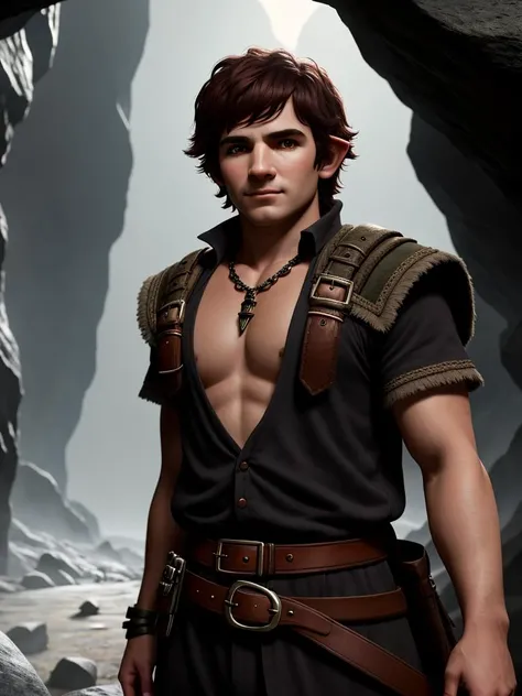 8k, ultra quality, hyperrealistic, photo, fantasy, halfling man, very wide nose, fangs, detailed, skin, detailed face, brassiere, closed chest, cloth, artificial low light, bright, sunlight, outdoor Huge cave, dnd, slate atmosphere, cinematic, dimmed colors, dark shot, muted colors, film grainy, lut, spooky