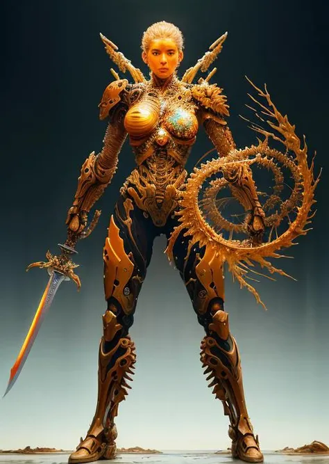 beautiful (full body) biomech warrior holding a biomechanical sword, painted in oil, wet paint, fibonacci, rule of thirds, melted wax, organic biopunk, neural graph, neurons, color, love, passion, insanely detailed, 8k, masterpiece, artstation, surreal
