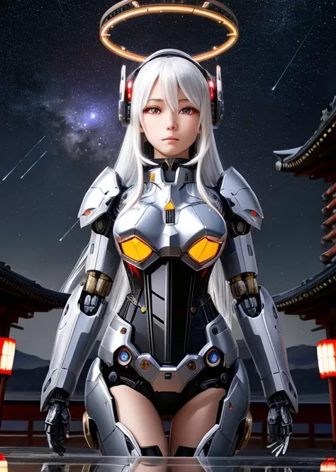 masterpiece,best quality,ultra-detailed,very detailed illustrations,extremely detailed,intricate details,highres,super complex details,extremely detailed 8k cg wallpaper,cowboy shot, caustics,reflection,ray tracing,demontheme,nebula,dark aura,cyber effect, (girl:1.4),solo,alone,mecha musume,mechanical parts, robot joints,single mechanical arm, headgear, mechanical halo,star halo,intricate mechanical bodysuit, mecha corset, kimono, full armor, very long hair,white hair, hair between eyes, multicolored hair, colored inner hair, red eyes,glowing eye,eye trail, random expressions,random action, ancient japanese architecture,pond, starry sky, skyline