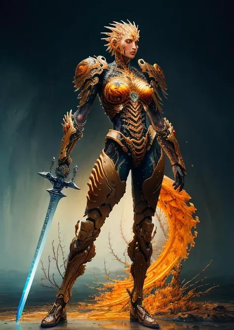 beautiful (full body) biomech warrior holding a biomechanical sword, painted in oil, wet paint, fibonacci, rule of thirds, melted wax, organic biopunk, neural graph, neurons, color, love, passion, insanely detailed, 8k, masterpiece, artstation, surreal