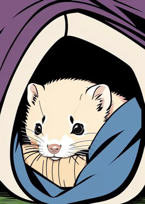 cozy ferret snuggled in a huge quilt in a warm log cabin
cel shading, bold outlines, flat colors, sharp shadows, graphic style, (manga influence:1.3), clean linework, striking visuals,comic