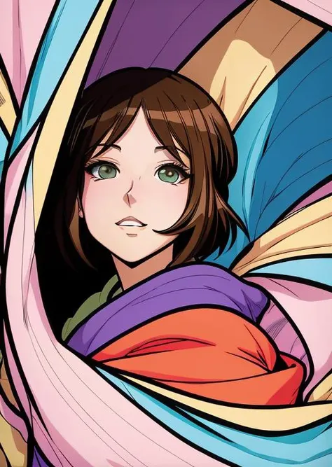 closeup professional photograph of a young woman wrapped in a colorful warm quilt
cel shading, bold outlines, flat colors, sharp shadows, graphic style, (manga influence:1.3), clean linework, striking visuals,comic