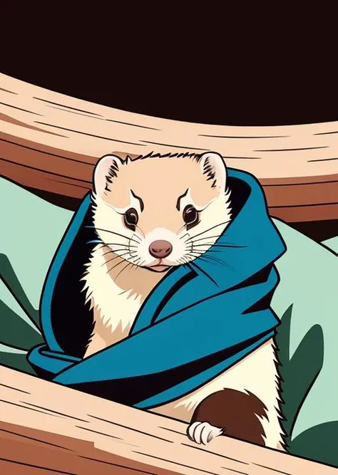 cozy ferret snuggled in a huge quilt in a warm log cabin
cel shading, bold outlines, flat colors, sharp shadows, graphic style, (manga influence:1.3), clean linework, striking visuals,comic
