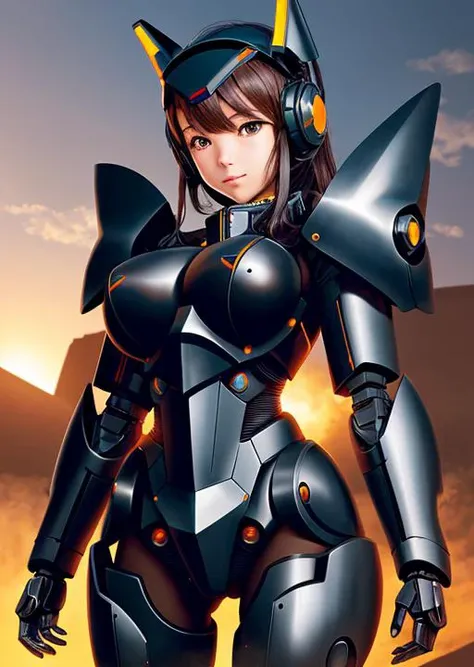 1girl, solo, black_theme,mecha musume, mechanical parts, robot joints,headgear,full armor,cowboy shot, large breasts,
