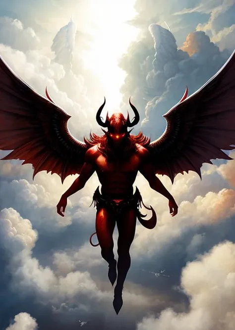 digital painting by rutkowski a horned demon with white angle wings floating between heaven and hell