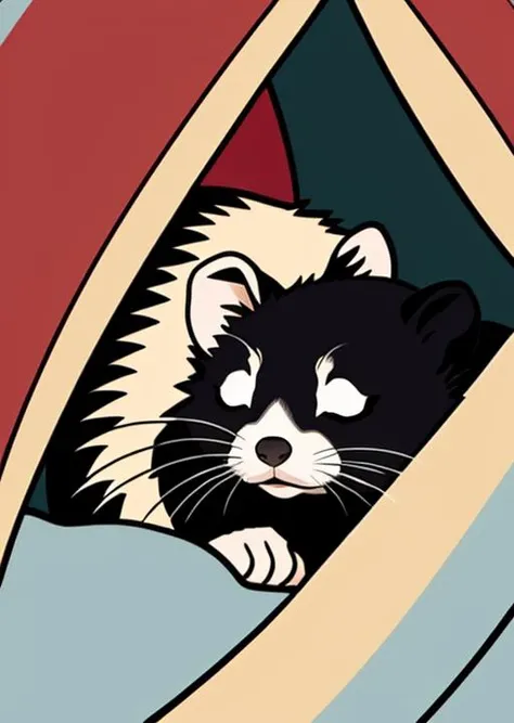 cozy ferret snuggled in a huge quilt in a warm log cabin
cel shading, bold outlines, flat colors, sharp shadows, graphic style, (manga influence:1.3), clean linework, striking visuals,comic