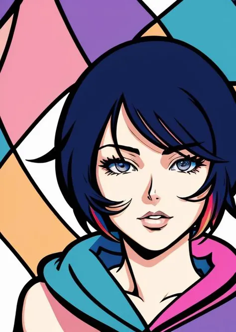 closeup professional photograph of a young woman wrapped in a colorful warm quilt
cel shading, bold outlines, flat colors, sharp shadows, graphic style, (manga influence:1.3), clean linework, striking visuals,comic