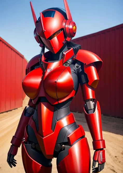 girl, red_theme,mecha musume, mechanical parts, robot joints,headgear,full armor,cowboy shot, large breasts,