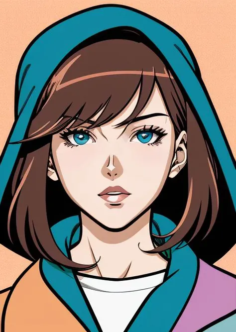closeup professional photograph of a young woman wrapped in a colorful warm quilt
cel shading, bold outlines, flat colors, sharp shadows, graphic style, (manga influence:1.3), clean linework, striking visuals,comic