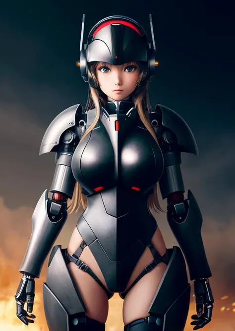 1girl, solo, black_theme,mecha musume, mechanical parts, robot joints,headgear,full armor,cowboy shot, large breasts,