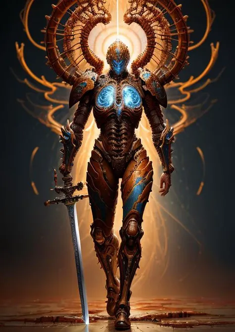 beautiful (full body) biomech warrior holding a biomechanical sword, painted in oil, wet paint, fibonacci, rule of thirds, melted wax, organic biopunk, neural graph, neurons, color, love, passion, insanely detailed, 8k, masterpiece, artstation, surreal