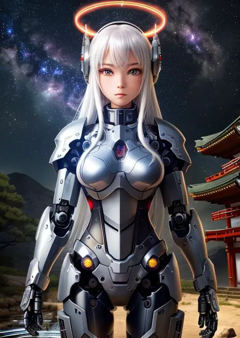 masterpiece,best quality,ultra-detailed,very detailed illustrations,extremely detailed,intricate details,highres,super complex details,extremely detailed 8k cg wallpaper,cowboy shot, caustics,reflection,ray tracing,demontheme,nebula,dark aura,cyber effect, (girl:1.4),solo,alone,mecha musume,mechanical parts, robot joints,single mechanical arm, headgear, mechanical halo,star halo,intricate mechanical bodysuit, mecha corset, kimono, full armor, very long hair,white hair, hair between eyes, multicolored hair, colored inner hair, red eyes,glowing eye,eye trail, random expressions,random action, ancient japanese architecture,pond, starry sky, skyline