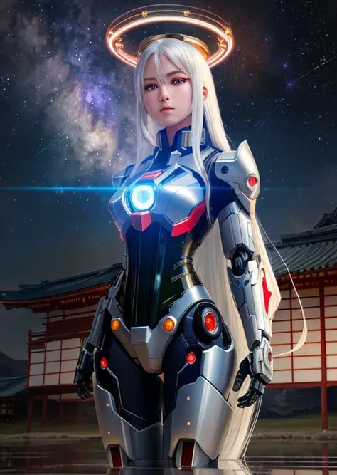 masterpiece,best quality,ultra-detailed,very detailed illustrations,extremely detailed,intricate details,highres,super complex details,extremely detailed 8k cg wallpaper,cowboy shot, caustics,reflection,ray tracing,demontheme,nebula,dark aura,cyber effect, (girl:1.4),solo,alone,mecha musume,mechanical parts, robot joints,single mechanical arm, headgear, mechanical halo,star halo,intricate mechanical bodysuit, mecha corset, kimono, full armor, very long hair,white hair, hair between eyes, multicolored hair, colored inner hair, red eyes,glowing eye,eye trail, random expressions,random action, ancient japanese architecture,pond, starry sky, skyline