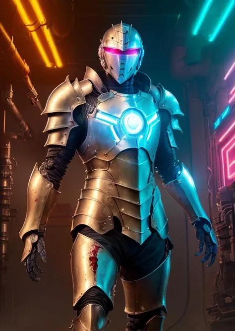 (masterpiece, top quality, best quality, official art, beautiful and aesthetic:1.2),(1man with full armor:1.3),neon lighting, (vibrant glow:1.2), extreme detailed,colorful,highest detailed ((ultra-detailed)), (highly detailed CG illustration),cinematic light,solo,(machine made joints:1.2),((machanical limbs)),(blood vessels connected to tubes),(character focus),science fiction