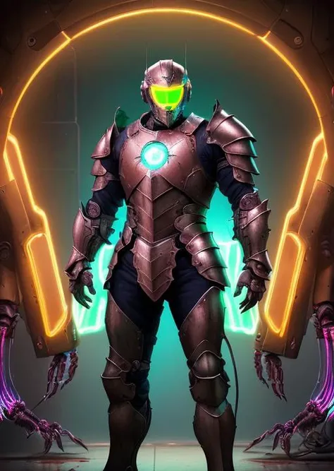 (masterpiece, top quality, best quality, official art, beautiful and aesthetic:1.2),(1man with full armor:1.3),neon lighting, (vibrant glow:1.2), extreme detailed,colorful,highest detailed ((ultra-detailed)), (highly detailed CG illustration),cinematic light,solo,(machine made joints:1.2),((machanical limbs)),(blood vessels connected to tubes),(character focus),science fiction