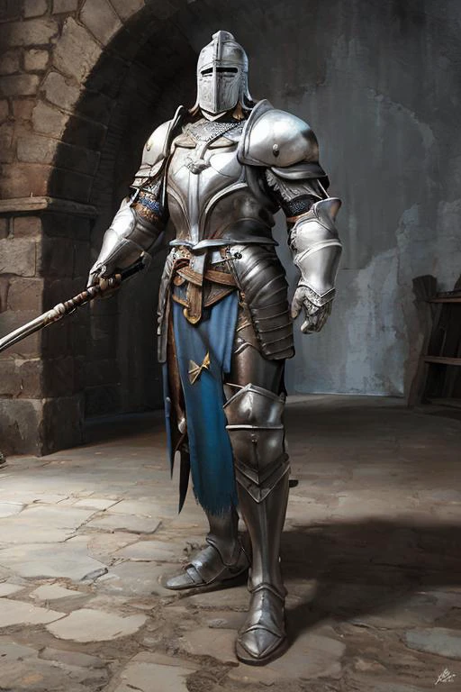 heavyknight, (mature male), (black hair,), (helmet, armor:1.2), dark fantasy, CASTLE CORRIDOR, best quality, masterpiece, ultra high res,(photo realistic:1.1),professional lighting, physically-based rendering, <lora:heavyPlateKnight_v10:1>