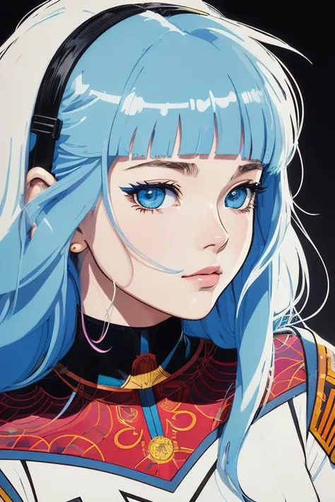 _james jean,1990s \(style\), 1girl, blue eyes, epaulettes, hair over one eye, long hair, art focus, painting \(medium\), retro artstyle, (comic style, manga influence, flat color, cel shading, bold outlines, flat colors, sharp shadows:1.5) solo, traditional media, wavy hair, white hair, | beautiful night sky | photo manipulation| beautiful composition, contemporary impressionism, yanjun cheng portrait painting, iridescent painting, 3/4 perspective view, cute face, low angle, (the most beautiful portrait in the world:1.5), UHD, HDR, 8K, (Masterpiece:1. 5), dark theme
