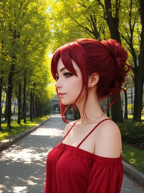 portrait, red head sonicedges_rias_gremory,extremely detailed face,outdoors,cloudy weather,Trees,flowers,summer,(off shoulder),
