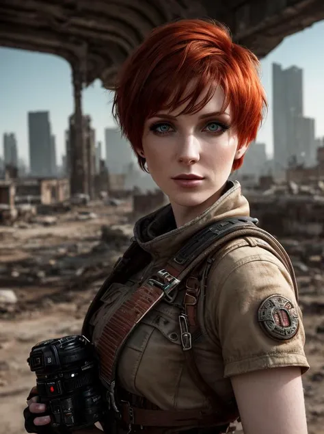 a close up portrait photo of 30 y.o woman in wastelander clothes,redhair,short haircut,pale skin,slim body,background is city ruins,(high detailed skin:1.2),8k uhd,dslr,soft lighting,high quality,