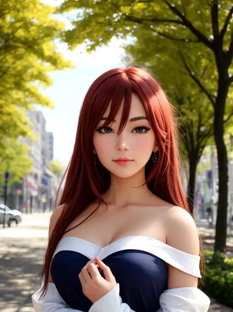 portrait, red head sonicedges_rias_gremory,extremely detailed face,outdoors,cloudy weather,Trees,flowers,summer,(off shoulder),