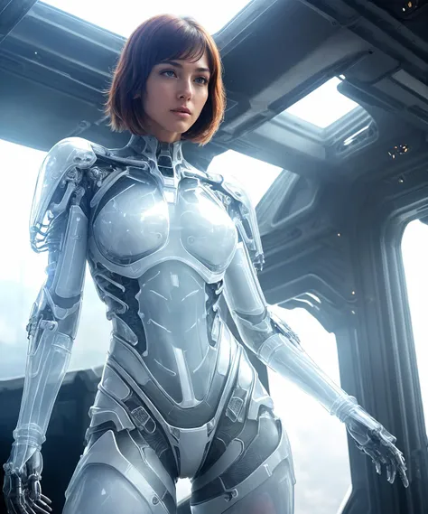 biomechanicle lean female semi-cyborg,(full body),(weared in (translucent:1.2) organza | with silicon skin | iron details | iron cyborg skeleton body), close-up, (highly detailed spaceship | sci-fi) environment, (majestic epic composition | dynamic pose), depth of field, medium shot, ( (warm light:1.4) | (rim light:1.5) ), cinematic, (highly detailed | Maximum clarity and sharpness)