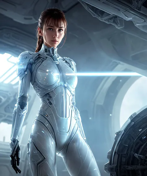biomechanicle lean female semi-cyborg,(full body),(weared in (translucent:1.2) organza | with silicon skin | iron details | iron cyborg skeleton body), close-up, (highly detailed spaceship | sci-fi) environment, (majestic epic composition | dynamic pose), depth of field, medium shot, ( (warm light:1.4) | (rim light:1.5) ), cinematic, (highly detailed | Maximum clarity and sharpness)